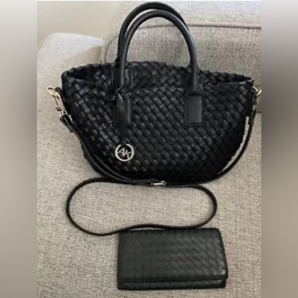NWT Anne Klein SMALL black woven versatile tote purse crossbody